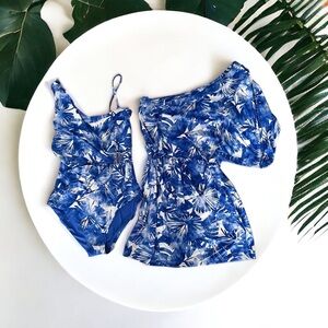 Trina Turk Set Blue White Jewel BASQUE SWIM DRESS & One Piece size 10 Small